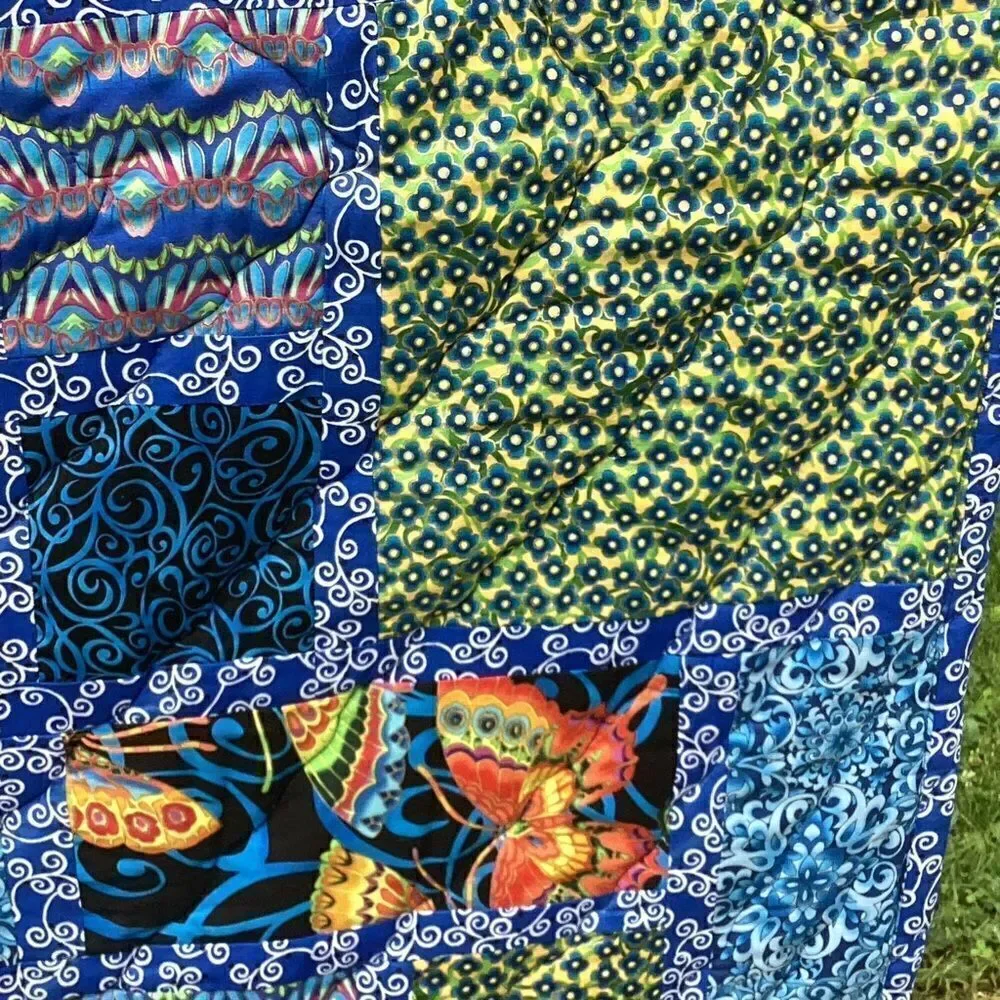 NWT. Hand Crafted Blue Butterflies Lap Quilt
